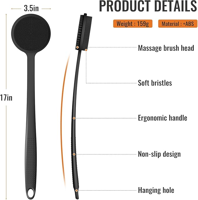 Silicone Back Scrubber for Shower, 17in Lengthen Long Handle Body Brush, Double Sided Shower Brush for Shower Exfoliating and Massage Can Produce Rich Foam, Long Handle Back Scrubber for Men