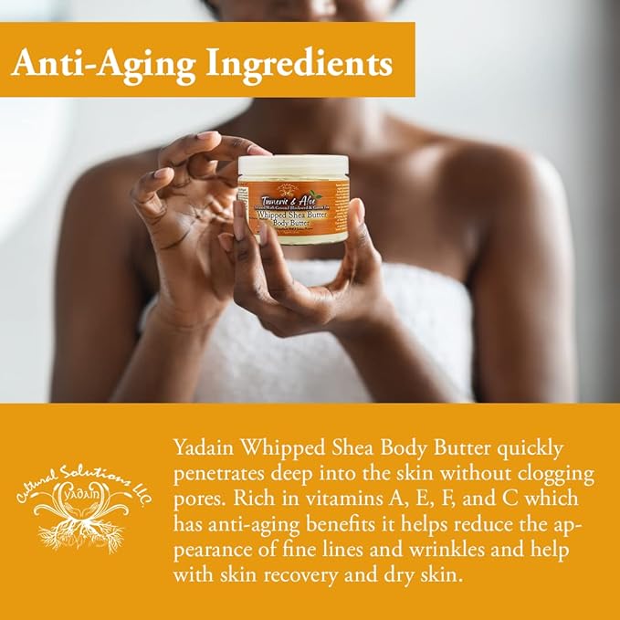 Yadain Turmeric & Aloe Whipped Shea Body Butter | Shea Butter for Face and Body Moisturizing Natural Body Butter for Skin Restoration & Protection, 12oz