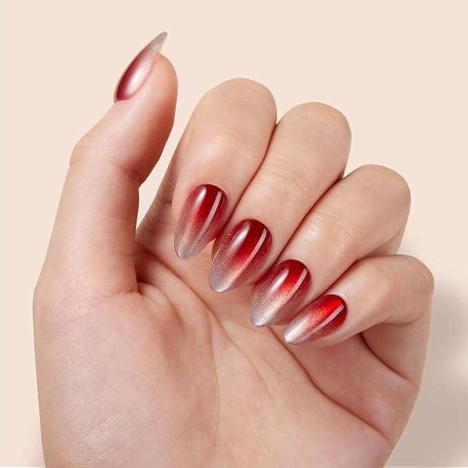VSALON Press On Nails - Short Almond Red Cat Eye Ombre Fake Nails with Extra UV Cure Glue, 28-Days Salon-Strong No Pop-Off, Reusable Fake Nails for Party & Daily Wear - 32 PCS in 16 Sizes (Cocktail)