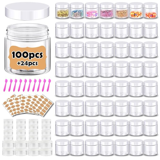 2 oz Plastic Containers with Lids 100pcs Plastic Jars with White Lids + 3/5/10 Gram 24pcs Sample Containers Travel Jar– Great for Lip Scrub, Body Butters, Cream, Lotion, Labels & Spatulas (124 Pack)