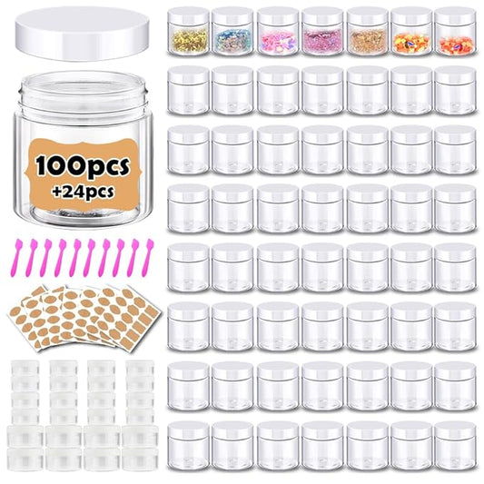 2 oz Plastic Containers with Lids 100pcs Plastic Jars with White Lids + 3/5/10 Gram 24pcs Sample Containers Travel Jar– Great for Lip Scrub, Body Butters, Cream, Lotion, Labels & Spatulas (124 Pack)