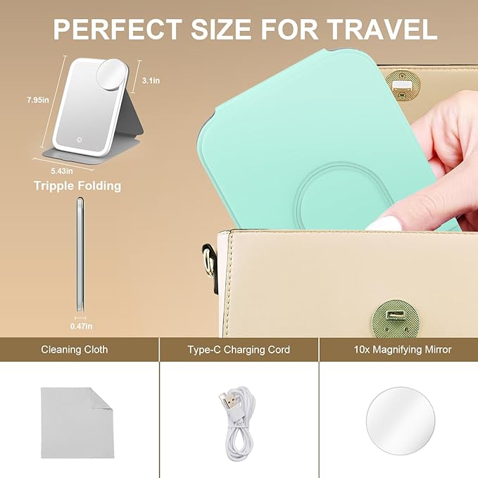 Mocado Travel Makeup Mirro with Lights, 360° Rotation Lighted Makeup Mirror, Portable Mirror with 10x Magnification, 60LEDs 3 Color Lightings, Dimmable Touch Screen, Tabletop Light up Mirror(Green)