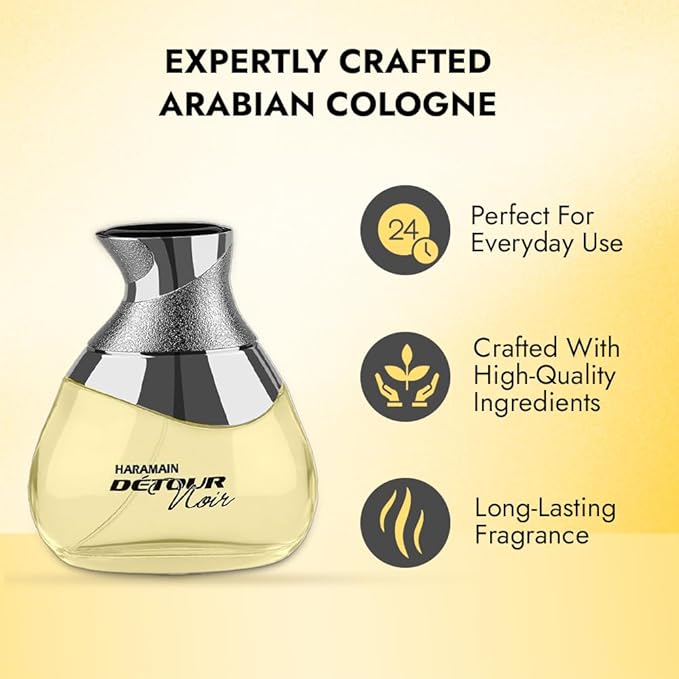 Al Haramain Detour Noir for Unisex - Arabian Perfume for Women & Men - Long Lasting Arabic Cologne - Amber Woody Fragrance with Notes of Vanilla, Lavender, Jasmine, Sandalwood - Eau de Parfum - 3.33oz