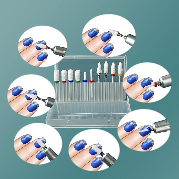 Feecy Nail Drill Bits Set Ceramic for Acrylic Nails Gel Polish Professional, 3/32 Inch Efile Nail Drill Bits Kit for Cuticle Safety Barrel Nail Art Tools with Holder, 10pcs (S10-C)