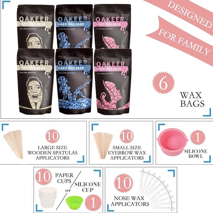 Oakeer Waxing Kit Women Men Wax Warmer Hair Removal at Home with 6 Bags Beans Body Waxing for Eyebrows Nose Cheeks Arms Bikinis Legs 62 Accessories