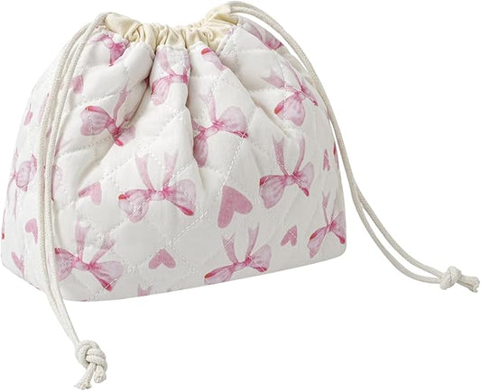 Cotton Quilted Drawstring Makeup Bag with Canvas Lining,Coquette Aesthetic Cute Travel Toiletry Bag,Drawstring Gift Bag for Women and Girls（14Heart Bow）