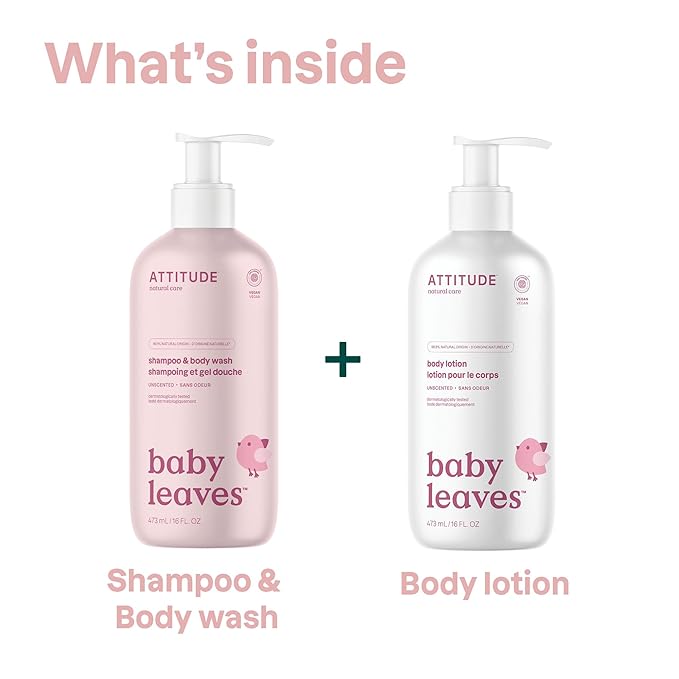 ATTITUDE Baby 2-in-1 Shampoo & Body Wash and Baby Lotion Set, EWG Verified, Dermatologically Tested Soap and Moisturizing Cream, Vegan, Unscented, 16 Fl Oz each