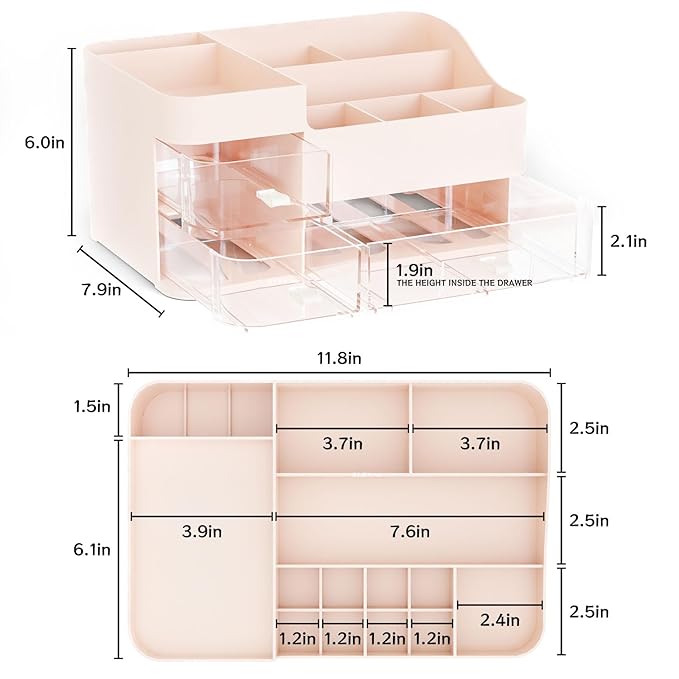 Make Up Organizer With 3 Drawers, Large Capacity Plastic Cosmetic Storage for Dresser and Vanity, Ideal for Beauty, Perfume, Brushes, Skincare, Bathroom Organizers and Storage Counter, Pink