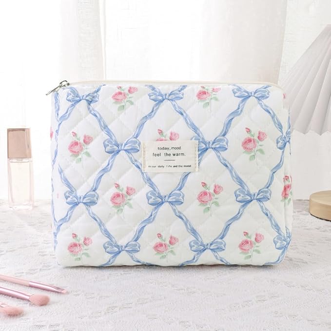 Makeup Bag, 3 PCS Quilted Makeup Bag, Cute Floral Cotton Cosmetic Bag set, Coquette Makeup Pouch Large Travel Toiletry Bag