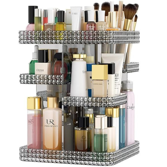 Makeup Organizer 360 Rotating Cosmetic Organizer, DIY Adjustable Makeup Carousel Spinning Holder Rack, Large Capacity Cosmetic Display Cases Vanity Countertop Fits Makeup Brushes Lipsticks (Grey)