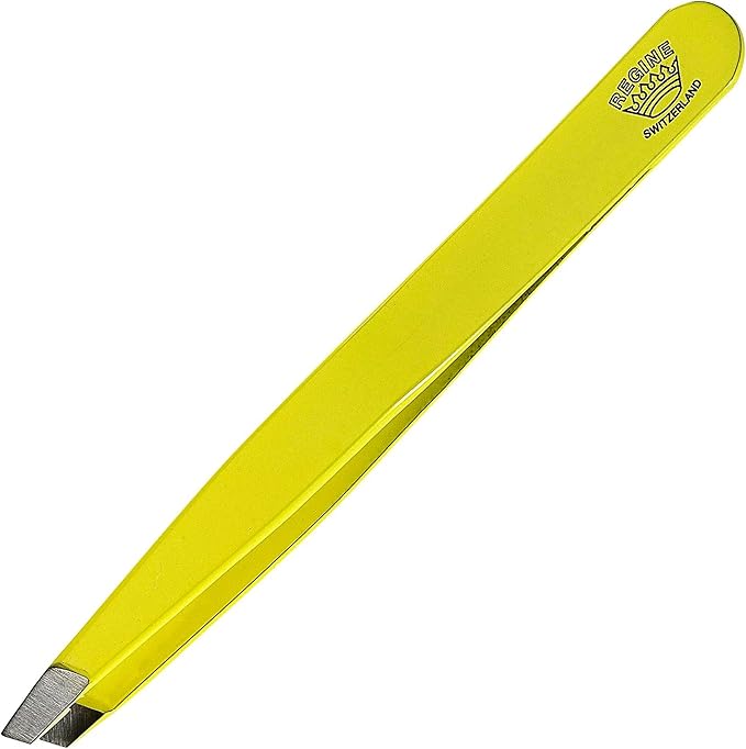 Slant Tweezer - Handmade in Switzerland - Professional Eyebrow & Facial Hair Remover - Etched Interior Grabs Hair from The Root - Perfectly Aligned Tips - Stainless Steel, Yellow