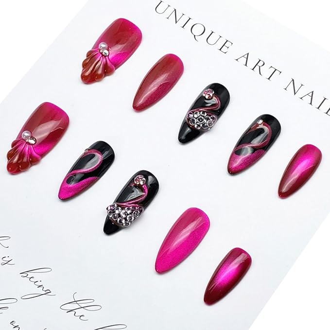 Almond Press on Nails Handmade Medium Long/Stiletto 3D Flower Fake Nail with Designs, Women Reusable False Nails (Hot Pink, L)