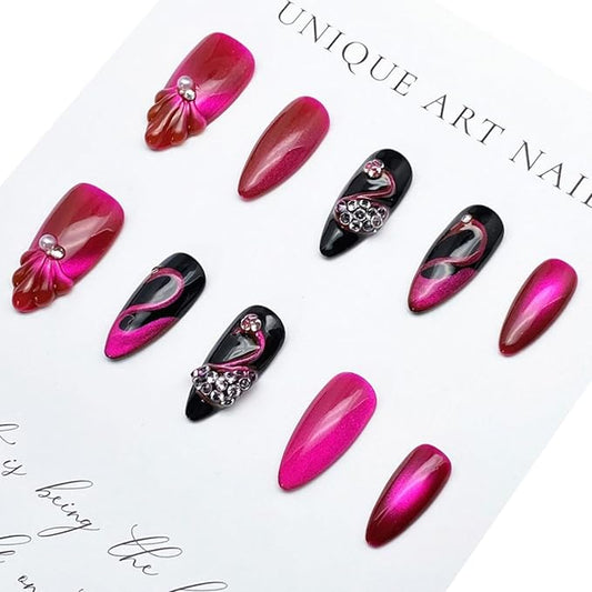 Almond Press on Nails Handmade Medium Long/Stiletto 3D Flower Fake Nail with Designs, Women Reusable False Nails (Hot Pink, L)