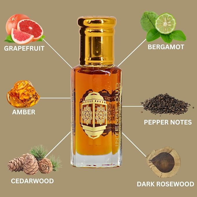 INTENSE OUD Nouf Arabian Perfume Oil for Men & Women, Long Lasting Alcohol-Free Concentrated Fragrance, 12ml (0.40 oz) in Black Gift Box, Lemon & Rosewood Notes