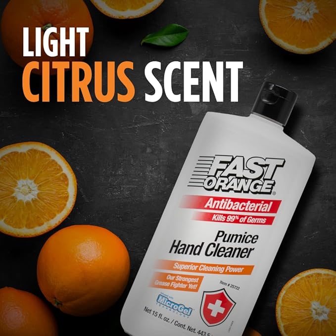 Fast Orange Permatex 25722 Antibacterial Pumice Hand Cleaner Fortified with Aloe, Kills 99% Germs on Hands, Waterless Cleaner for Oil Grease Mechanics, 15 Fl. Oz