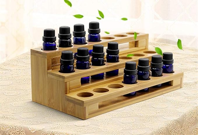 Pure Vie 3 Tier Essential Oil Bottles Wooden Storage Display Stand Travel Display Presentation Holder, Cosmetic Aromatherapy Organizer Rack Nail Polish Fragrance Container - Holds 18 Slots (30 ml)
