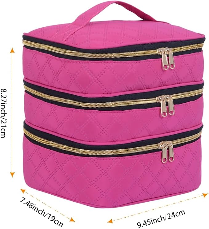 Three Layer Travel Makeup Bag Large Cosmetic Storage Organizer with Handle and Removable Divider (Wine)