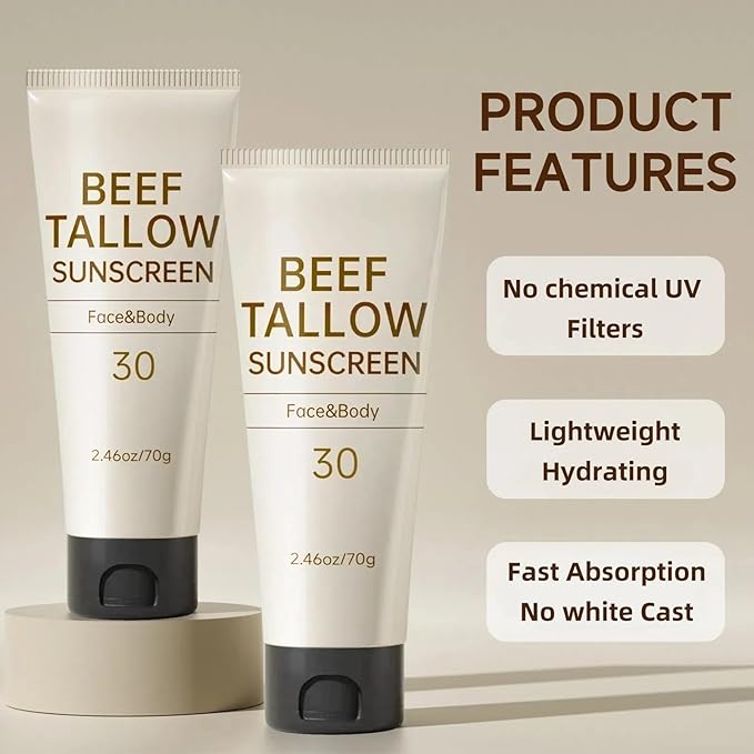 Tallow Sunscreen, Sunscreen for Face, SPF30 Natural Reef Safe Face Body Beef Tallow Sunblock, Non Greasy Clean Travel Sun Screen Sunblock for Summer Outdoor Travel, 2.46 OZ