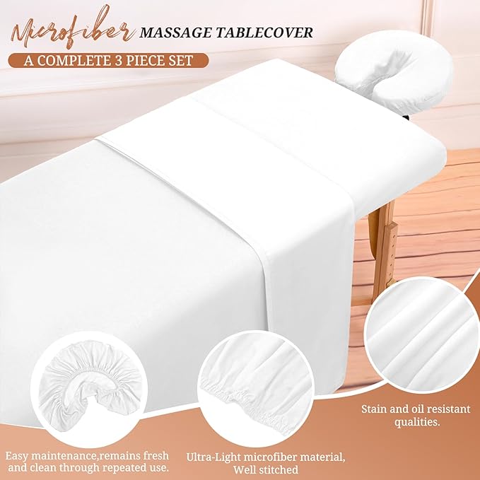 18Pcs 6 Sets Massage Table Sheets Set 3 Piece Set Includes Massage Bed Sheets, Massage Bed Cover Massage Face Rest Cover, Spa Bed Cover Massage Sheets Sets for Beauty Salon and Home Spa (White)