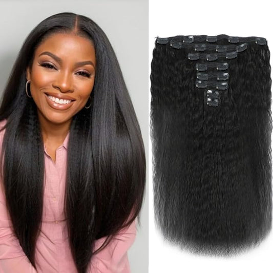 LUMIERE Yaki Straight Clip Ins Human Hair Clip Ins Extensions Brazilian Remy Hair Extensions For Women 8Pcs With 20 Clips Double Wefts Thick and Soft Natural Balck 24 Inch