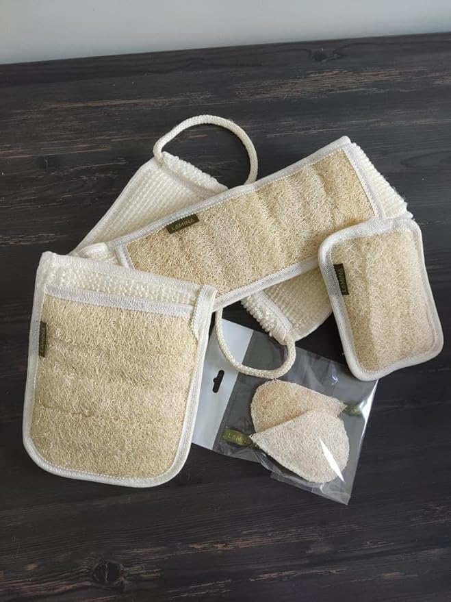 4 PCS - Lamina Natural-Organic, Loofah Sponge, Body Scrubber, Shower Beth Loofah (Back Long, Double Sided Mitt, Mini Mitt and Face loofah)