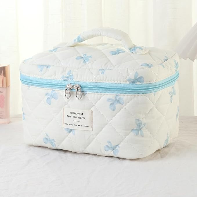 Makeup Bag, 3 PCS Quilted Makeup Bag, Cute Floral Cotton Cosmetic Bag set, Coquette Makeup Pouch Large Travel Toiletry Bag