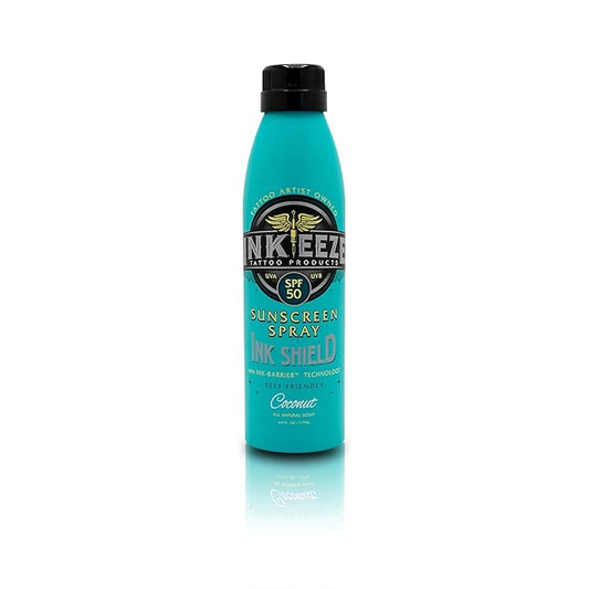 INK-EEZE Tattoo Sunscreen Spray SPF 50, UVA/UVB Blocking, Dries Clear, Ozone Reef Friendly, Vegan, Made in USA, Coconut, 6oz spray