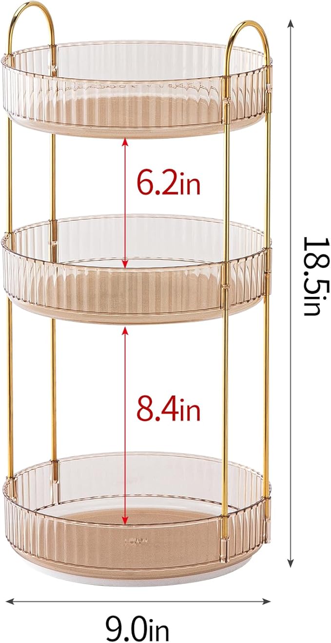 360° Rotating Makeup Organizer for Vanity - 3 Tier Perfume Organizer with Large Capacity - Skincare Organizer for Bathroom Counter - Space-Saving Cosmetic Storage for Dresser Countertop (Gold)