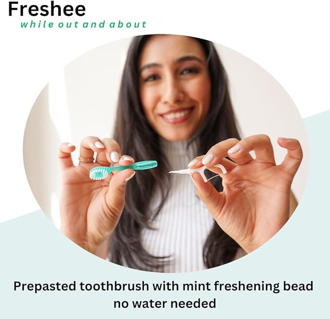 Freshee 5 in 1 Disposable Mini Toothbrush with Toothpaste + Floss + Pick + Tongue Scraper | Travel Size | Individually Wrapped | Soft | Mint | Travel Set | Oral Care