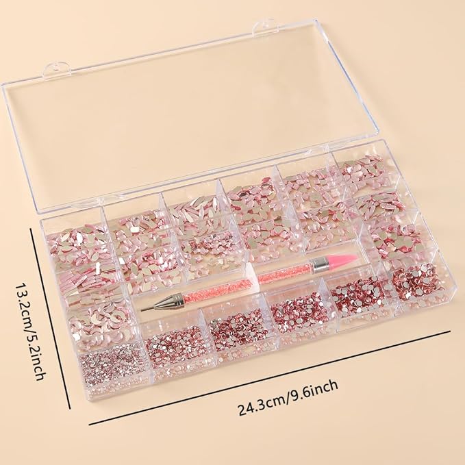 600 Multi-Shape Rhinestones + 3800 Flat Diamonds Mix 20 Styles of Flat Rhinestone Crystals 3D Decorative Flat Stone Gemstone Set + Drill Pen. Suitable for Nail Art.
