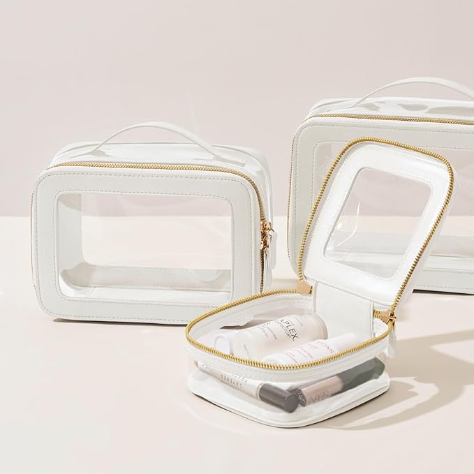 Clear Cosmetic Bag Set for Women Makeup Bag with Handle, TSA Travel Toiletry Bag Transparent Cosmetic Case Portable Make Up Organizer Bag for Essentials (White, Mini+S)