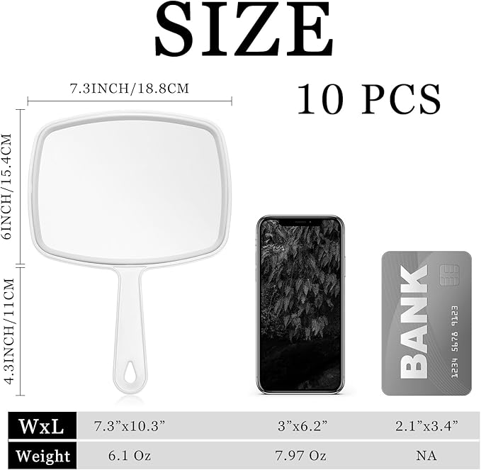 Qunclay 10 Pcs Large Hand Mirror Handheld Mirror with Handle Multi Purpose Barber Mirror with Distortion Free Reflection for Vanity Makeup Salon Travel Use (White, 7.3'' W x 10.3'' L)