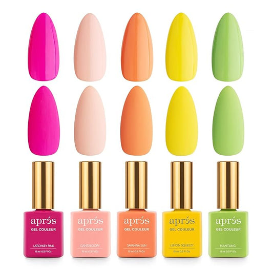 Apres Gel Couleur Combo Set, 5 Color Gel Nail Polish, Bright Nude Pastel Colors with Brush-X Nail Art Brush, 2024 Edition (Set 5)