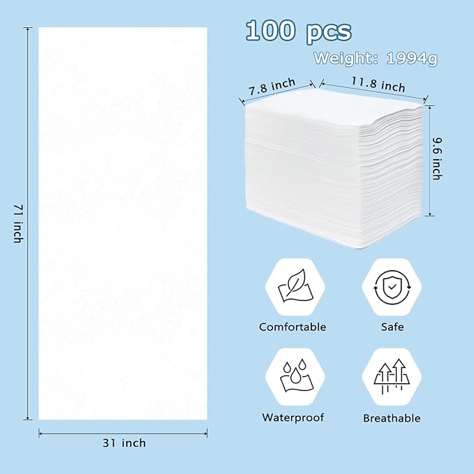 100Pcs Disposable Massage Table Sheets 31" x 71" Non-Woven Fabric Disposable Bed Sheets SPA Bed Cover Breathable Oil-Waterproof Sheets for Travel Spa Tatto Hotel Salon (White)