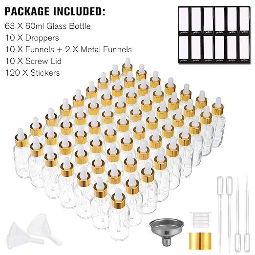 PrettyCare Eye Dropper Bottle 2 oz (63 Pack Clear Glass Bottles 60ml with Golden Caps, 2 Extra Eye Droppers, 120 Labels, 10 Funnel & Measured Pipettes) Empty Tincture Bottles for Essential Oils