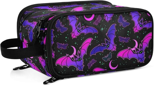 MNSRUU Travel Makeup Bag, Purple Bat Gothic Makeup Bag Large Capacity Cosmetic Bag Organizer, Portable Toiletry Bag for Travel Size