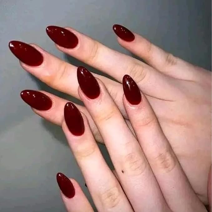 Modelones Press on Nails Almond, Wine Red Short Almond Fake Nails, Reusable Nail Kit with Nail Glue Adhesive Tabs Mini Nail File, Nails Press Ons 32Pcs16 Sizes, Women Girl Gift