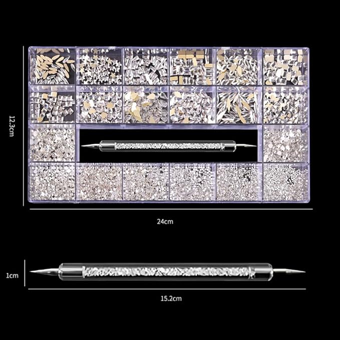 3100Pcs Nail Crystal Rhinestones Kit, Mix Shapes AB Glass, 3D Diamonds Flatback Crystals, with a Drill Pen, Nail Crystal Non Hotfix, Nail Art Decoration(White Rhinestone)