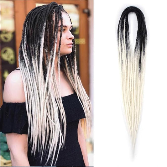 24 In Double Ended Dreadlock Extensions, Gray to White 10 Strands Thin 0.6cm Width Synthetic DE Dreads Extensions, 100% Handmade Dreads Hippie Style Dreadlocks for Woman