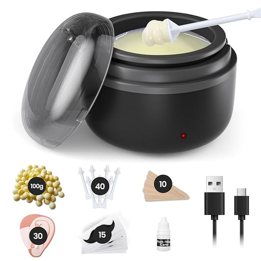 Nose Wax Kit Men, Ear Hair Removal For Men, Ear Hair Waxing Kit with 100 g Wax, 40 Nose Sticks, 20 Times Use, Usb Rapid Heating, Constant Temperature, Painless, Black