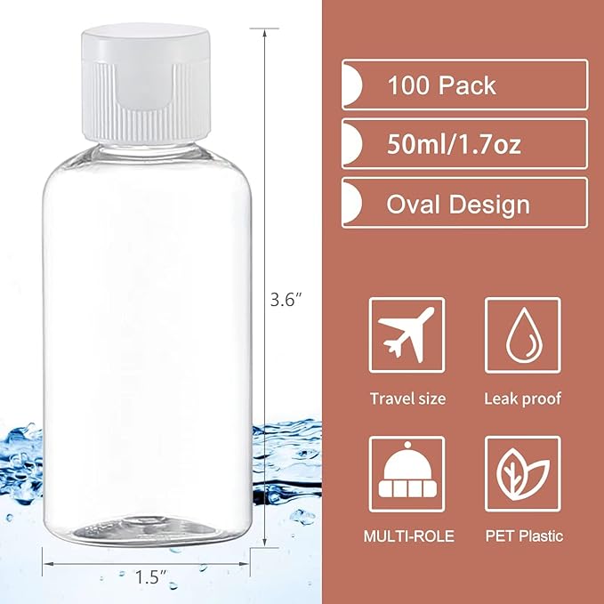 100 Pack 1.7oz Plastic Empty Bottles with Flip Cap Small Travel Size Bottles Hand Sanitizer Bottles Refillable Travel Container for Shampoo Body Soap Lotions Baby Shower (Clear)