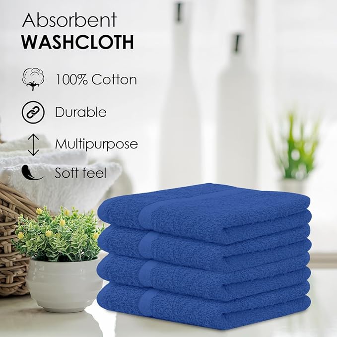 Avalon Towels Cotton Washcloths – (Pack of 48) Size 12x12 Inches, 100% Ring Spun Cotton, Soft & Absorbent Face Towels, Gym Towels, Hotel and Spa Quality, Reusable Fingertip Towels (Blue)