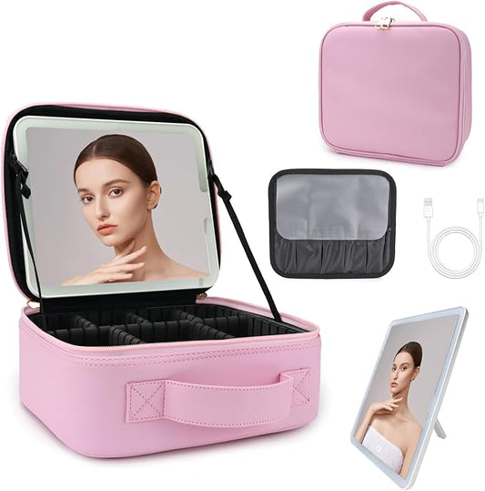Travel Makeup Bag with LED Lighted Mirror,Cosmetics Organizer, Makeup Bag with 3 Color Lighted Setting, Portable Storage and Adjustable Dividers Travel Makeup Bag(Light Pink)