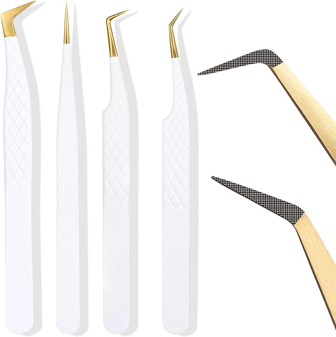 Fiber Tip Lash Tweezers For Eyelash Extension 4 Pcs Tweezers Professional Artist Tech Work Kit Tools,Best Volume Eyelash Lashes Extensions Precision Supplies Volume Boot 90 45 Degree(White)