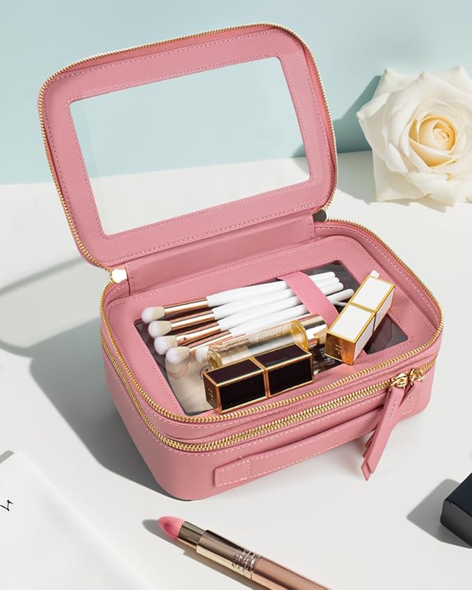 Clear Makeup Bags TSA Approved Toiletry Bag Handle Large Opening,Clear Toiletry Bags for Carry-on Traveling Travel Car Accessories Essentials Organziation Storage for Women Girls(Rose Pink, 2Layer)