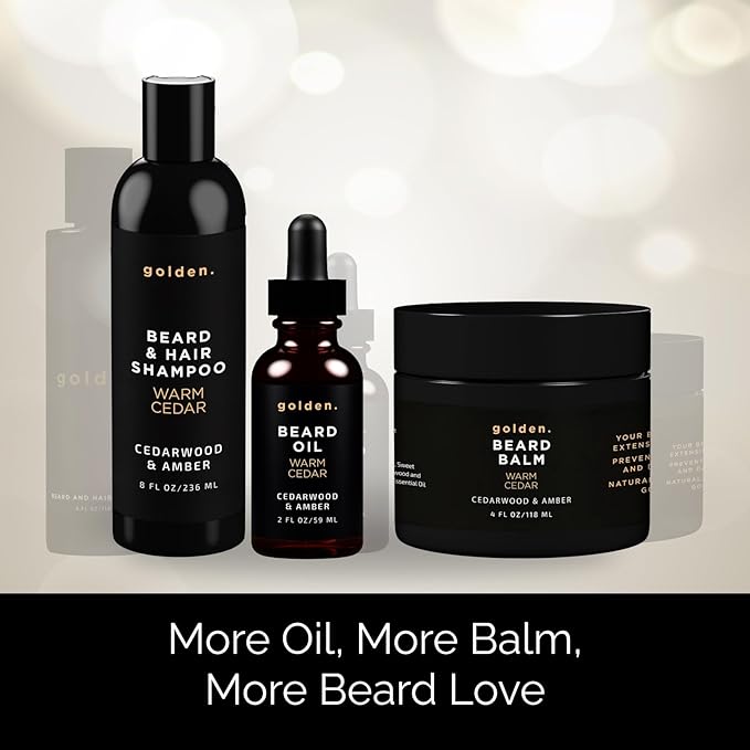 Golden Grooming Co. Everyday Beard Bundle – Complete Beard Care Set | Includes Beard Oil, Balm & Shampoo (XL, Warm Cedar)