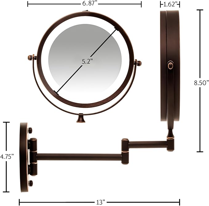 OVENTE 7" Lighted Wall Mount Makeup Mirror with 1X/7X Magnification, Cordless Double Sided Magnifying Round Vanity Mirror, 360° Swivel Design, Extendable and Folding Arm, Antique Bronze MFW70ABZ1X7X