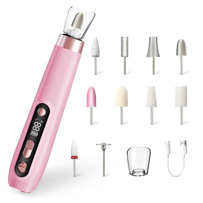 ENGERWALL Professional Manicure Pedicure Kit, Electric Nail File Set, Portable Cordless Electric Nail Drill Machine, 10 Speeds Nail Care Tool for Grind Trim Polish, Pink