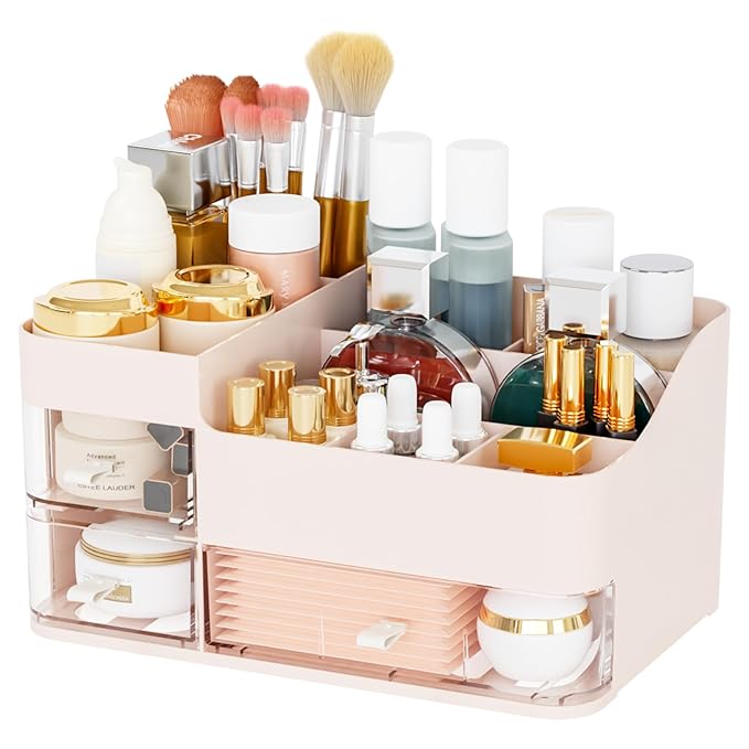 Make Up Organizer With 3 Drawers, Large Capacity Plastic Cosmetic Storage for Dresser and Vanity, Ideal for Beauty, Perfume, Brushes, Skincare, Bathroom Organizers and Storage Counter, Pink