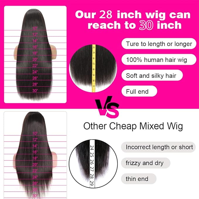 13x6 Lace Front Wigs Human Hair 200% Density Ear to Ear Pre Plucked Pre Bleached Knots with Baby Hair Brazilian Unprocessed Waterfall Straight Human Hair Wigs for Black Women (28 Inch)